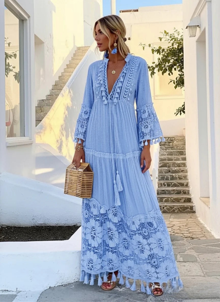 Deep V-Neck Tassel Trim Lace Insert Bell Sleeve Tiered Dress - View 6