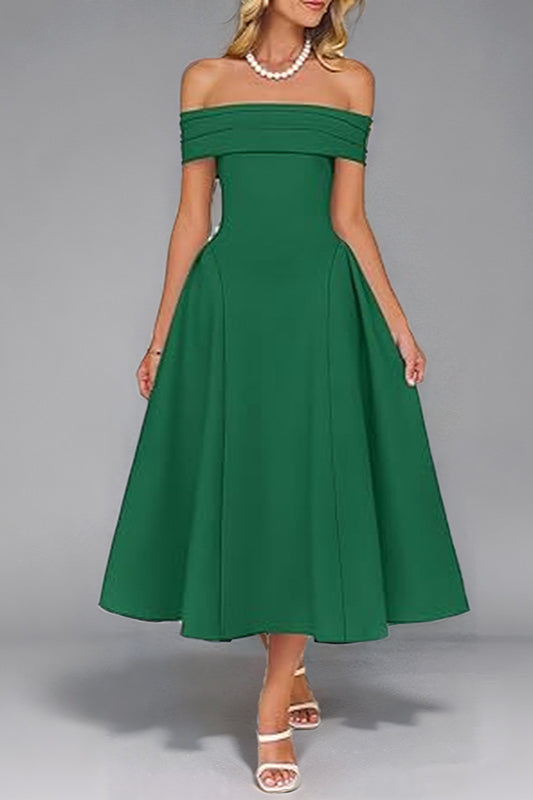 Off Shoulder Pleated Fit and Flare Midi Party Dress - View 4