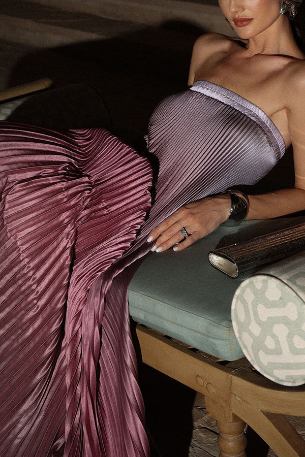Gorgeous Styling Satin Pleated Elastic Bust Strapless Maxi Dress - View 6