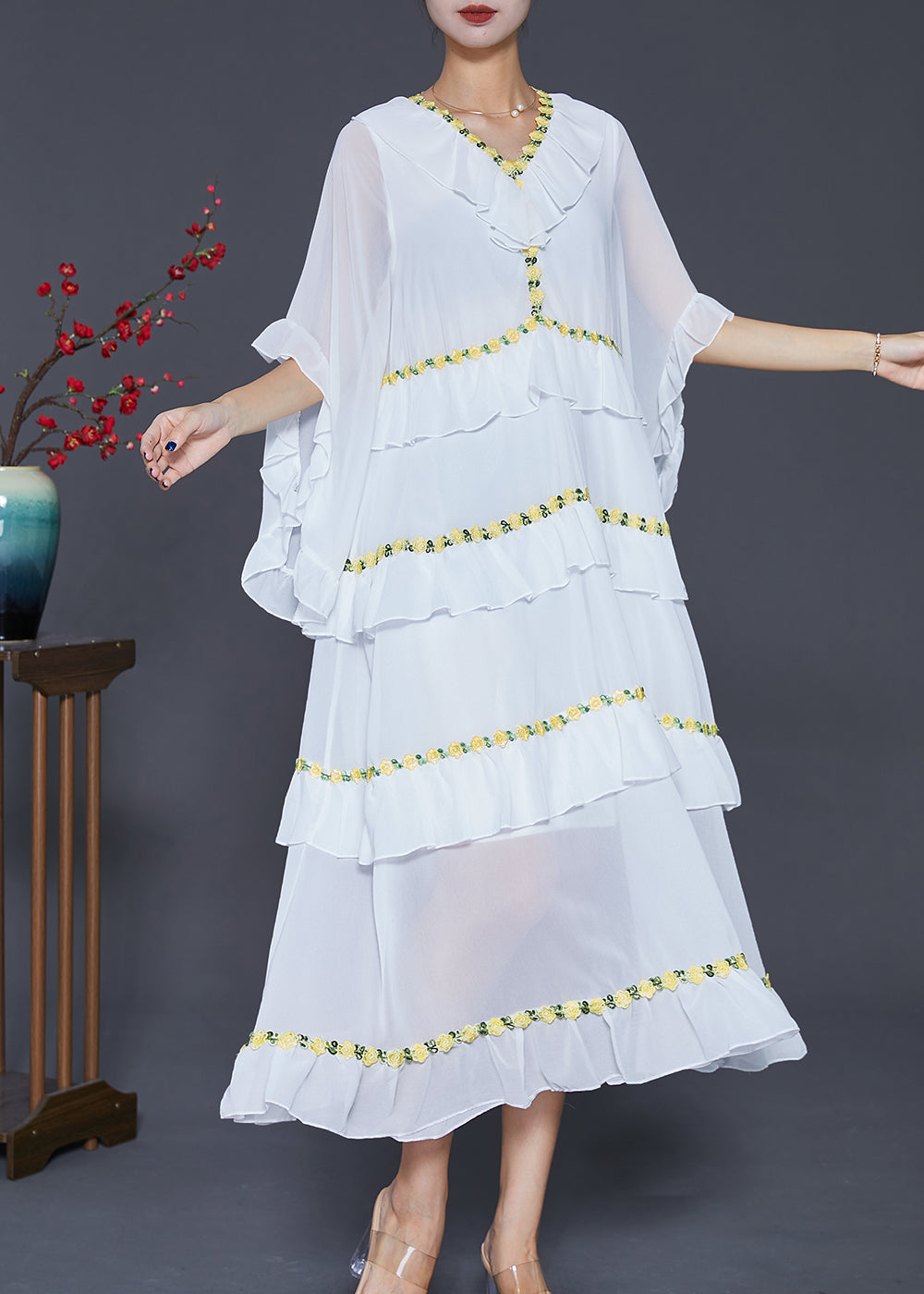 Chiffon V-Neck Ruffle Butterfly Sleeve Tiered Floral Maxi Dress - View 3