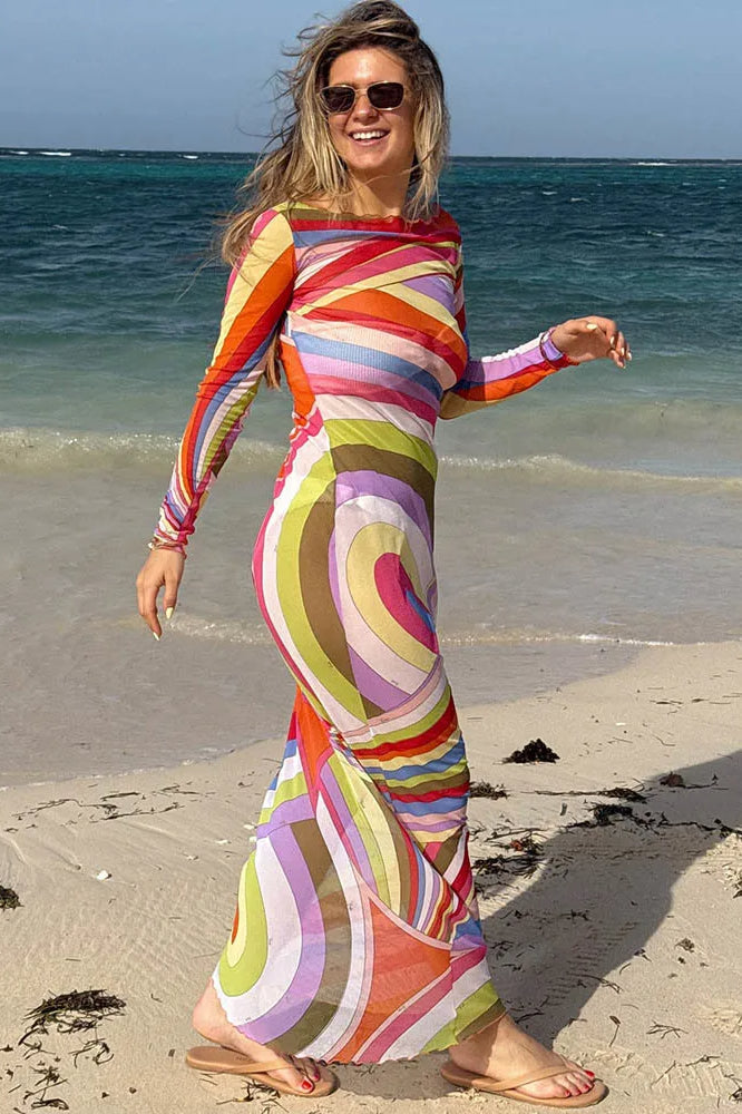Striped Print Mesh See Through Patchwork Maxi Dress - View 2
