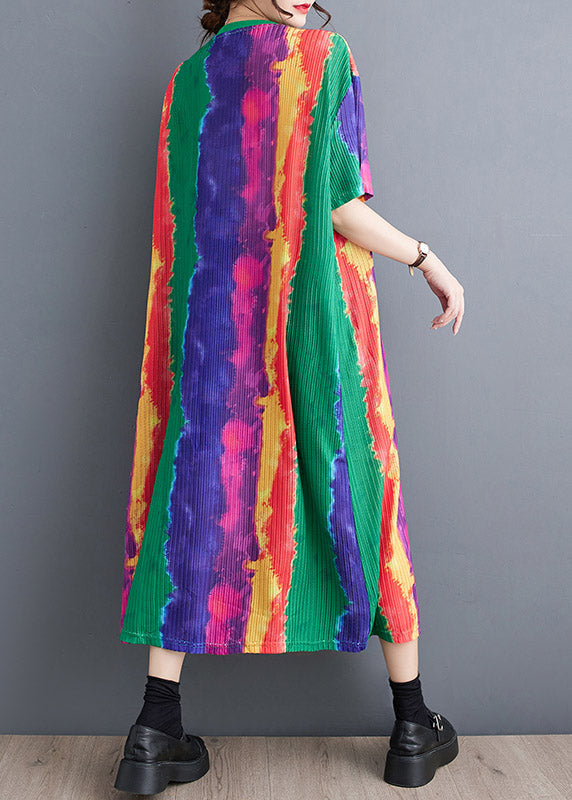Plissé Abstract Stripe Print Round Neck Short Sleeve Midi Dress - View 4