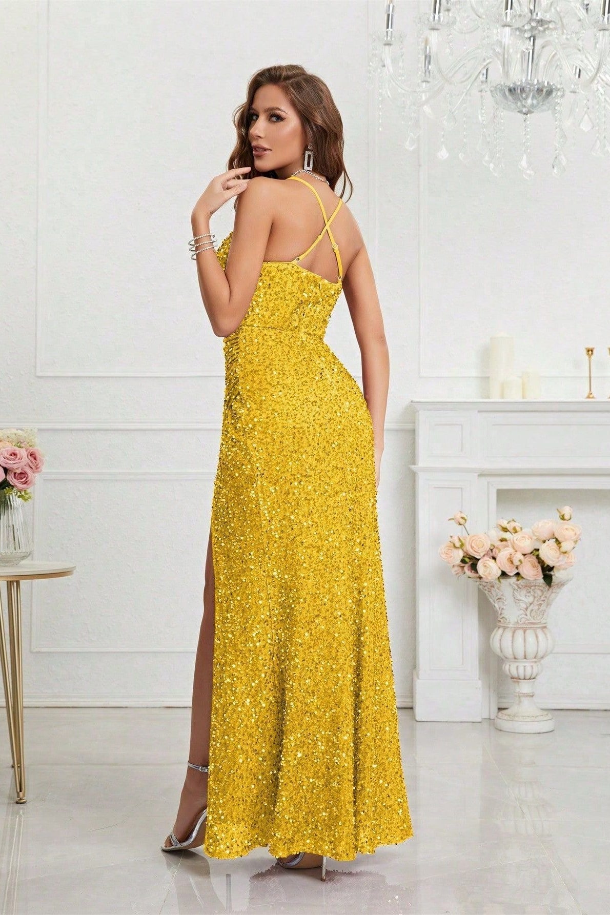 Sequin Spaghetti Strap V-Neck High Split Ruched Maxi Prom Dress - View 5