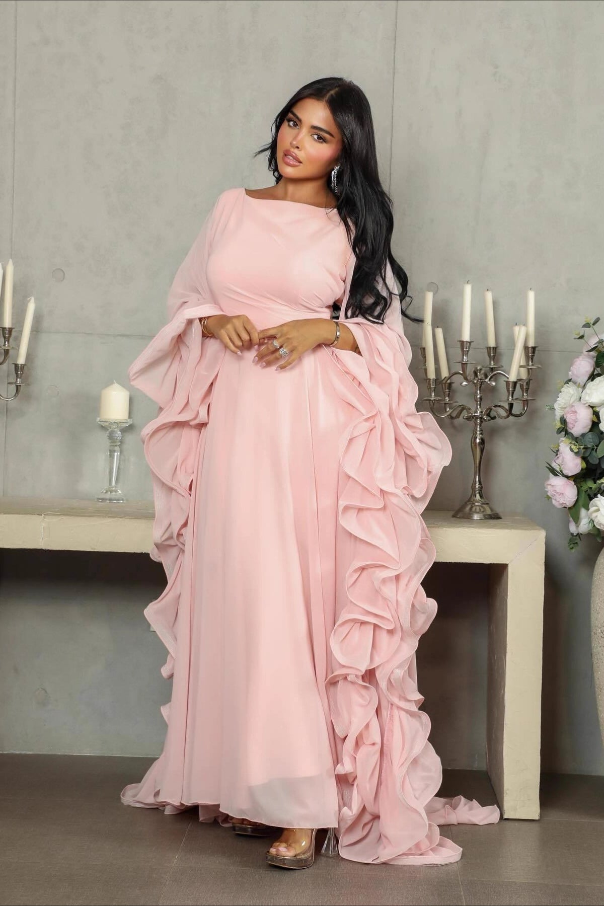 Boat Neck Ruffle Sleeve Chiffon Flowy A-Line Maxi Dress
