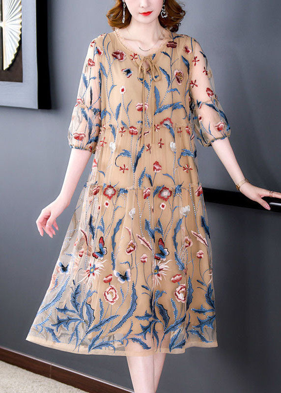 Embroidered Floral Butterfly Mesh Tiered Round Neck Tie Bow Midi Dress