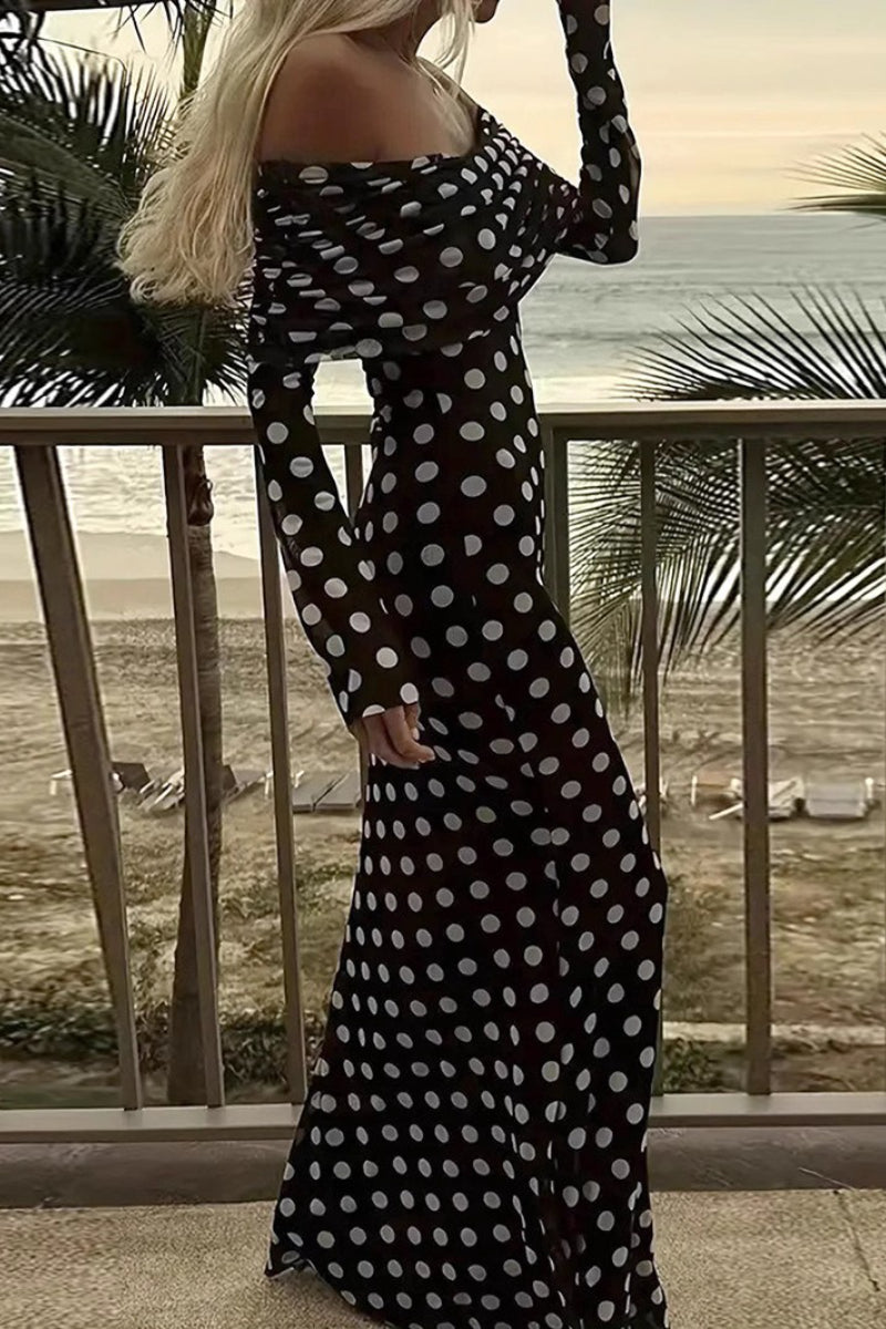 Off Shoulder Mesh Polka Dot Maxi Dress - View 3