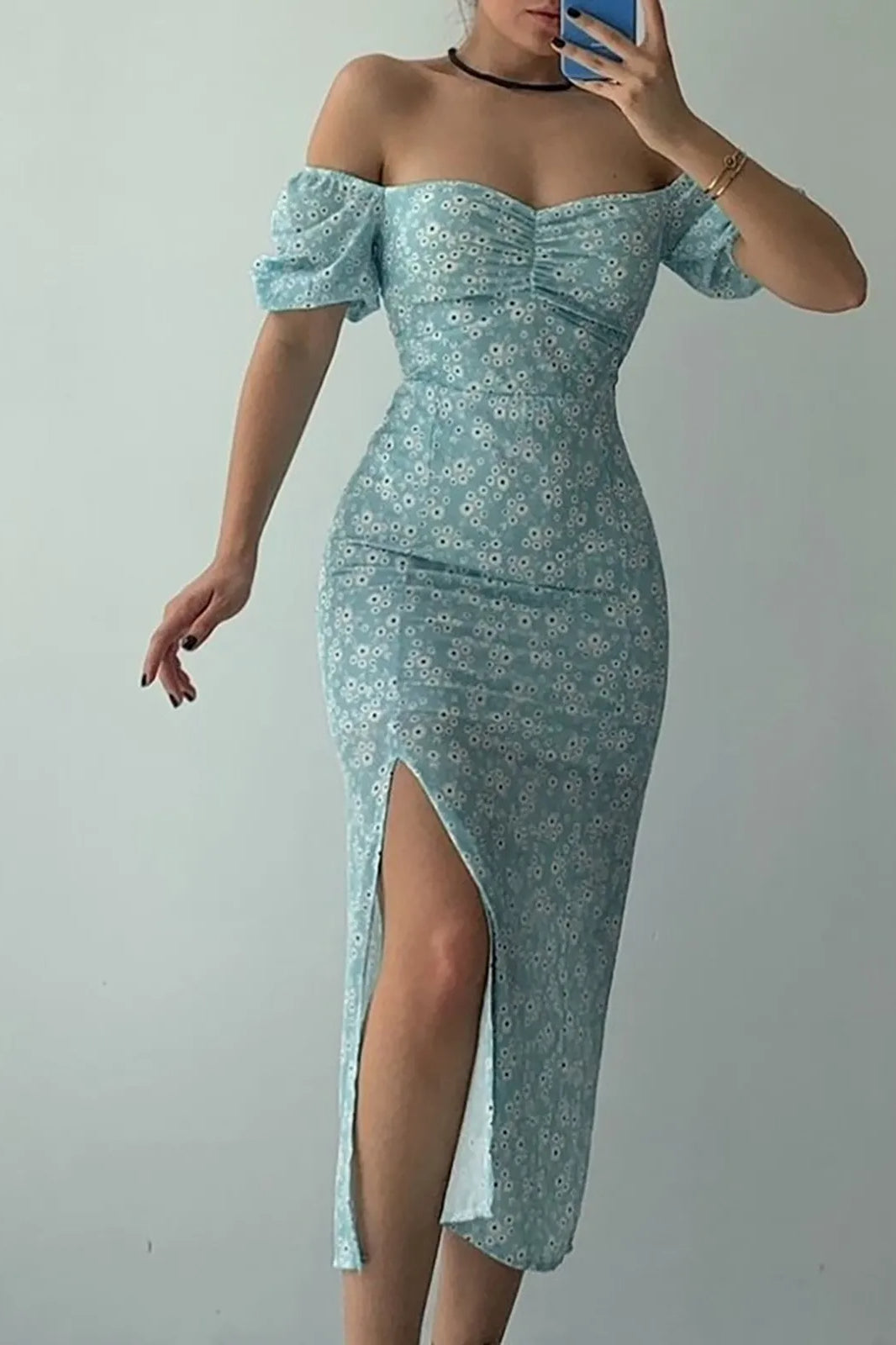Chiffon Wrap Slit Floral Dress