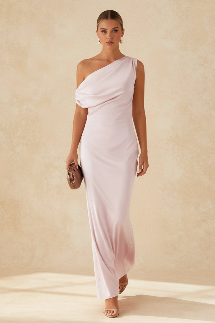 Satin One Shoulder Draped Mermaid Gown - View 9