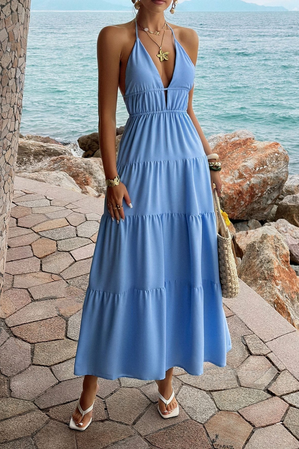 Halter Neck Deep V-Neck Backless Tiered Maxi Dress 10