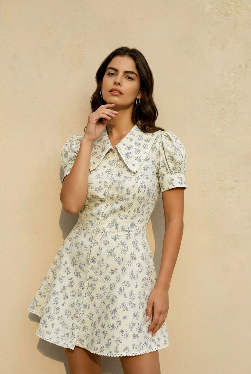 Floral Oversized Collar Puff Sleeve Button Front Flare Mini Dress 4