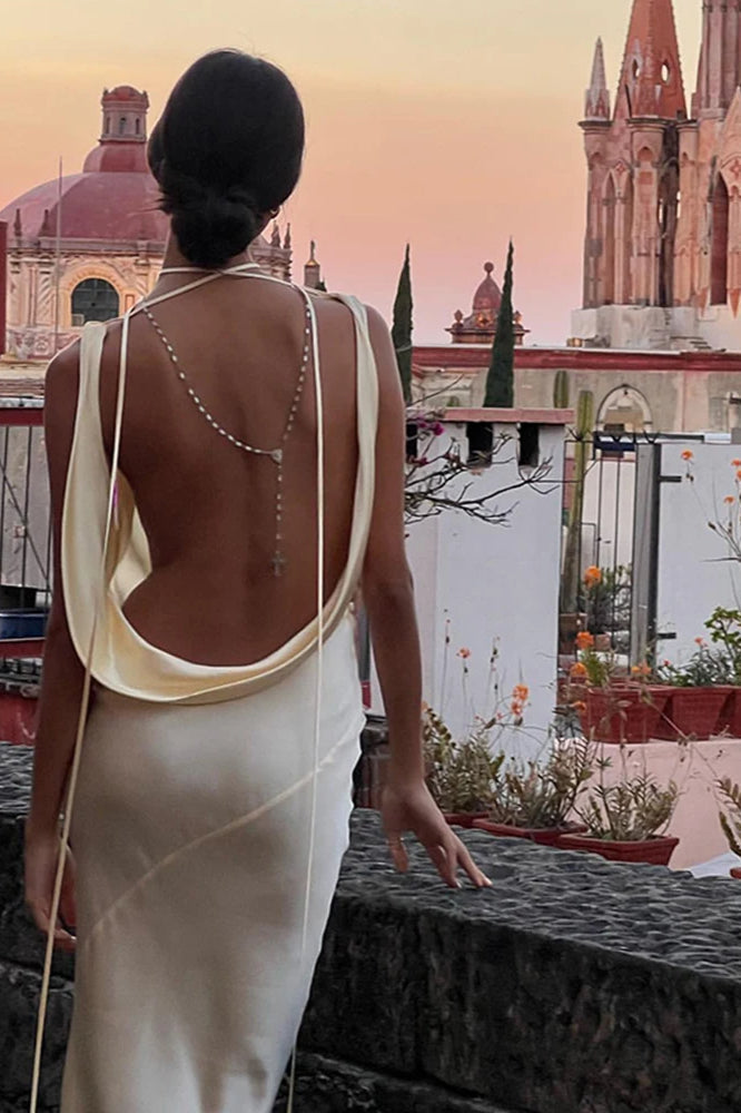 Sexy Backless Satin Spaghetti Strap Maxi Dress - View 6