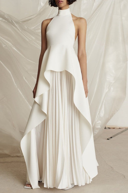 Halter Neck Sleeveless Asymmetric Draped Pleated Maxi Dress - View 3