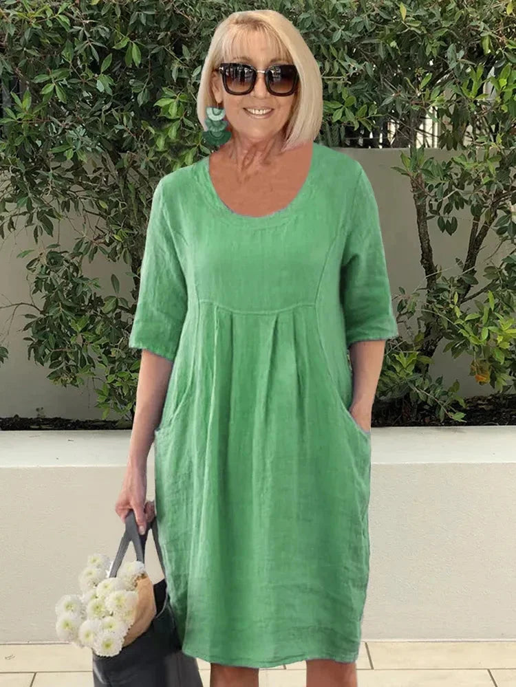Linen Look Scoop Neck Pocket Knee Length Summer Shift Dress - View 5