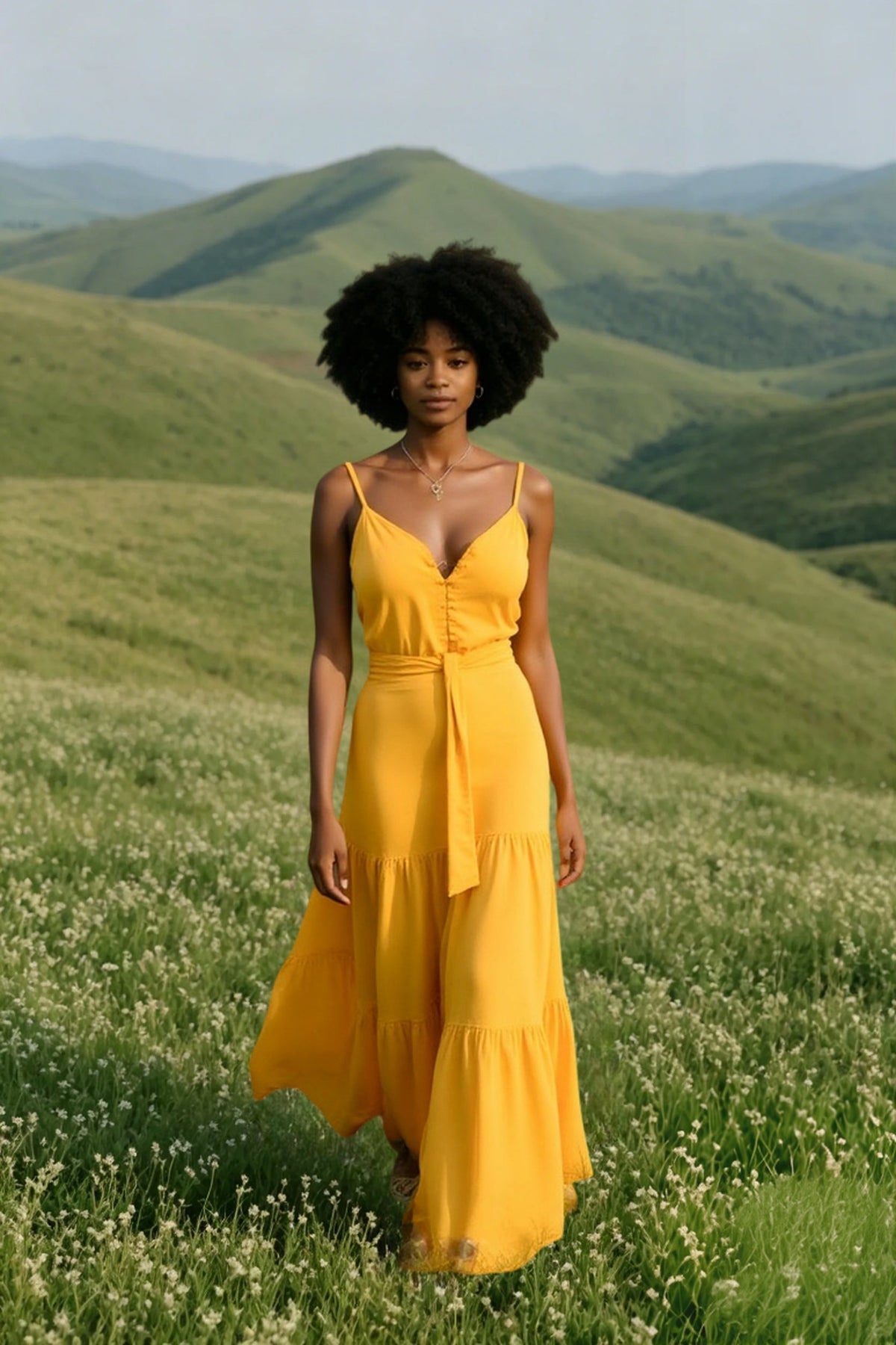 V Neck Tunic Ruffles Maxi Dress