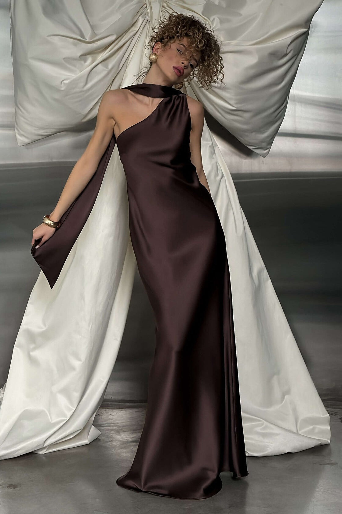 Satin Mock Neck Sash Tie Sleeveless Column Maxi Gown - View 5