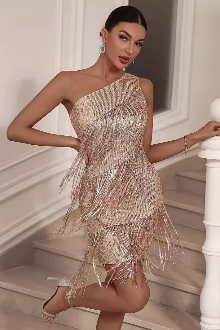 Sequin One Shoulder Tassel Fringe Bodycon Mini Cocktail Dress - View 3