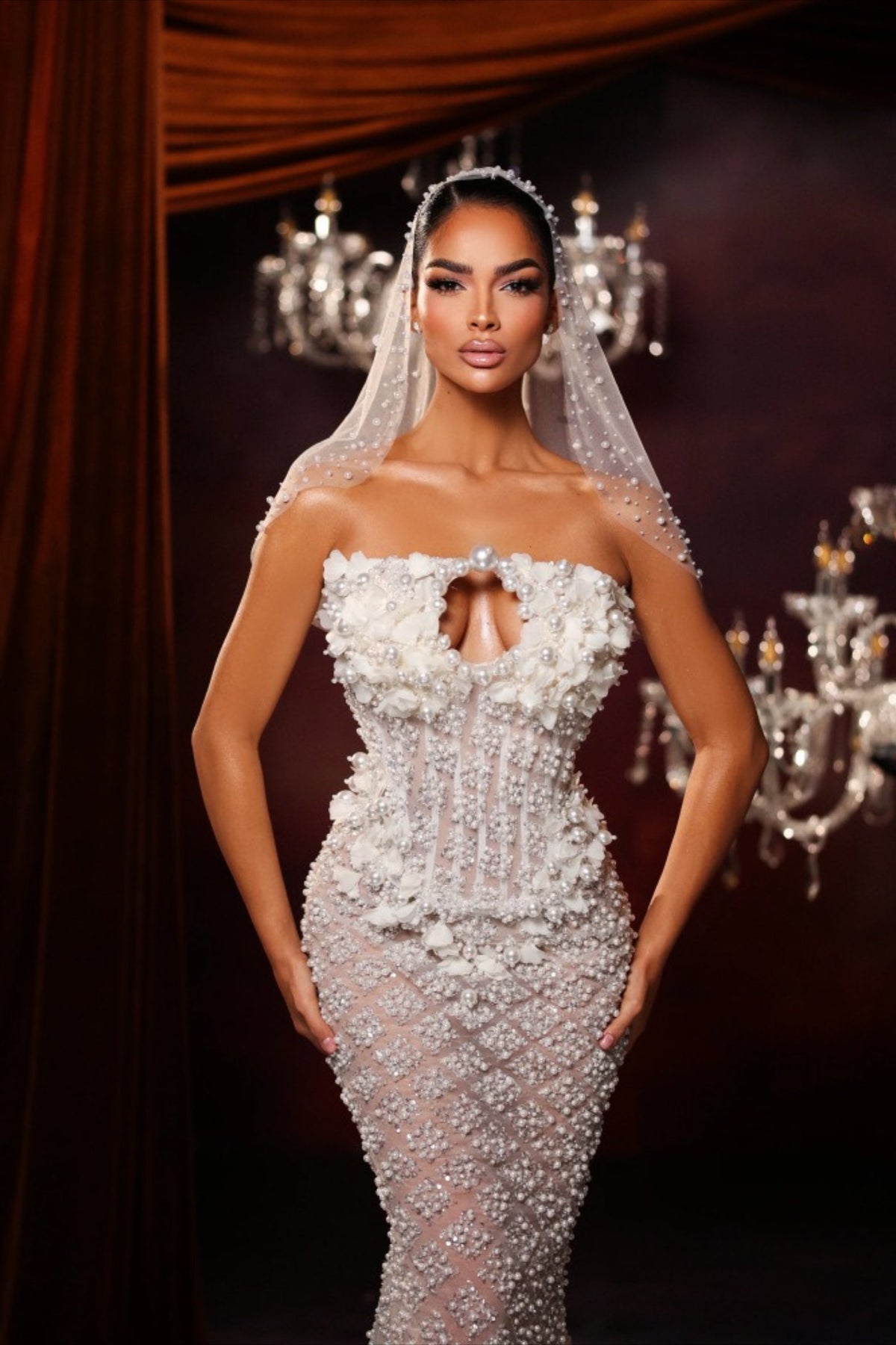 Strapless Keyhole 3D Floral Pearl Beaded Mermaid Bridal Gown 2