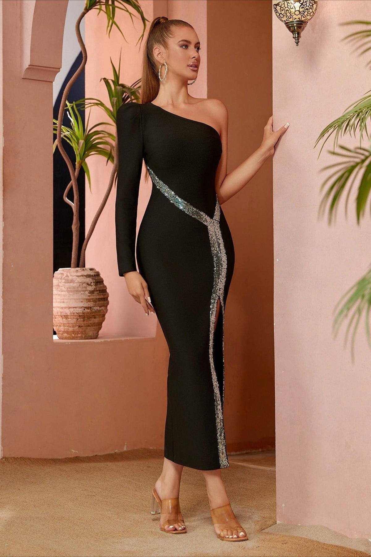 Sequin Trim One Shoulder Long Sleeve Bandage Bodycon Maxi Gown - View 2