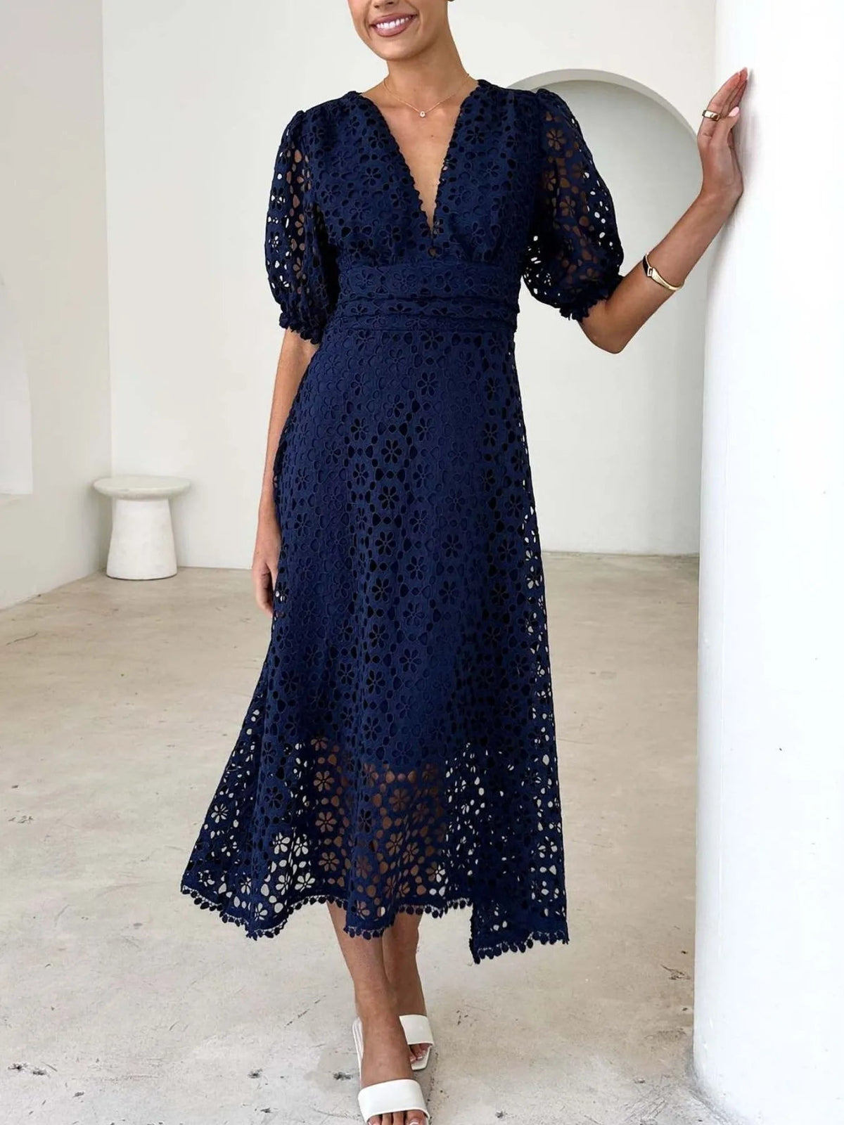 Serena V Neck Lace Midi Dress