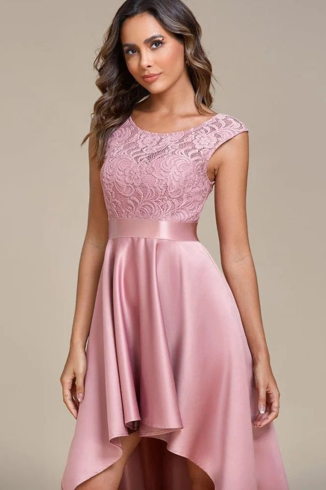 Lace Scoop Neck Cap Sleeve Satin High Low Dress - View 4