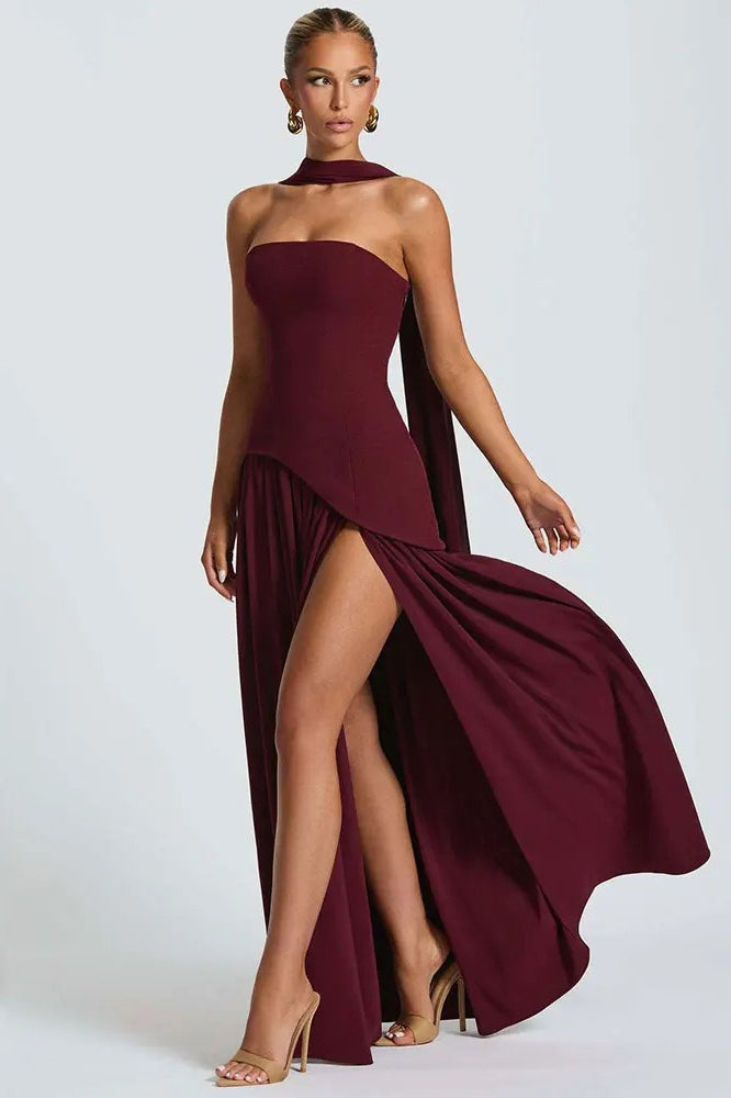 Satin Strapless High Split Asymmetric Draped Maxi Dress - View 5