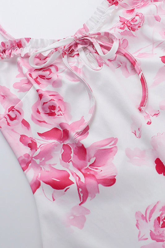 Floral Spaghetti Strap Ruffle Trim Bodycon Slip Mini Dress - View 4