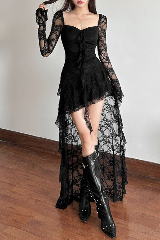 Long Sleeve Irregular Hem Lace Dress - View 3