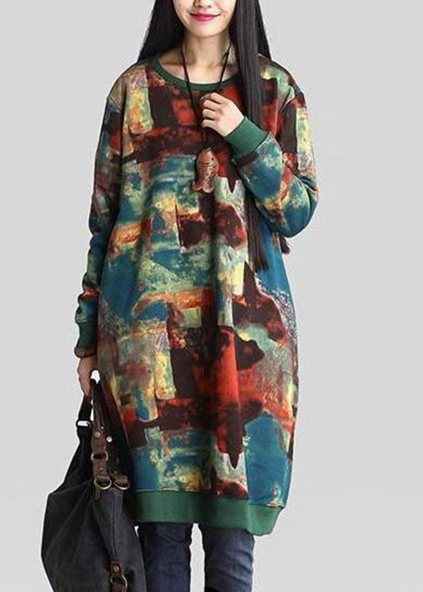 Abstract Print Round Neck Long Sleeve Ribbed Cuff Pocket Dress - View 2