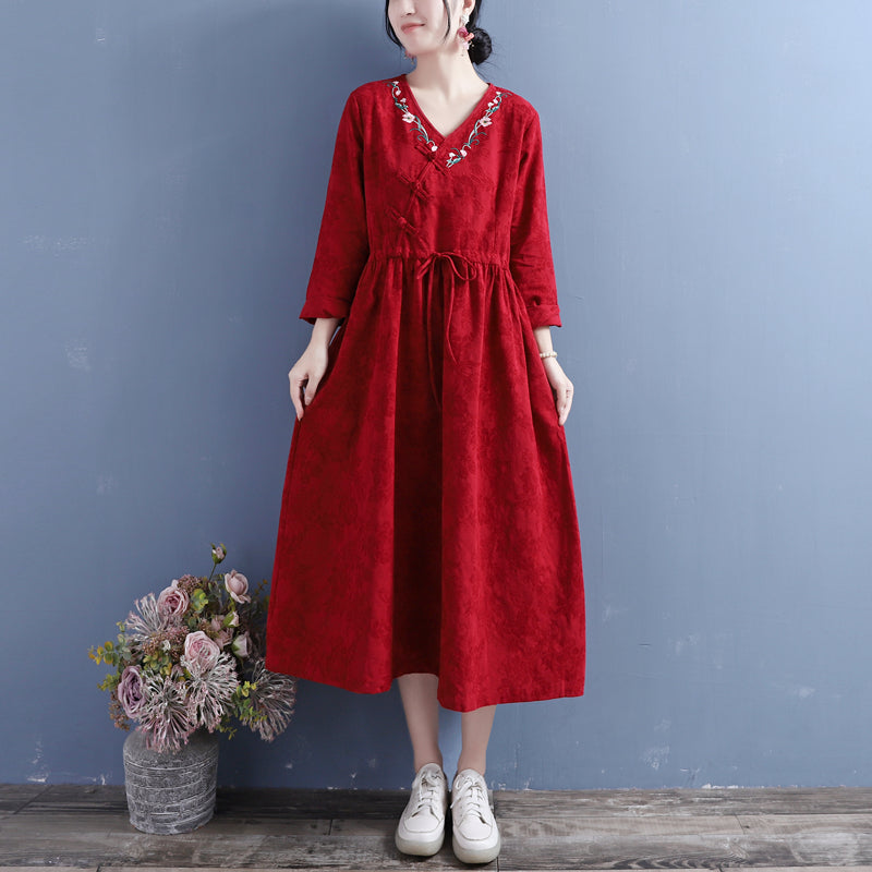 Jacquard Floral Embroidery Frog Button Wrap V-Neck Tie Waist Midi Dress - View 5