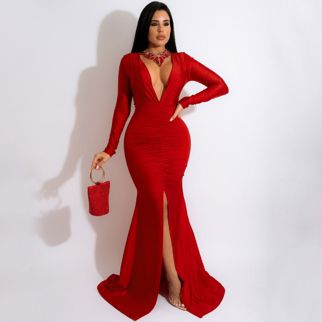 Deep V-Neck Long Sleeve Ruched High Split Mermaid Maxi Gown