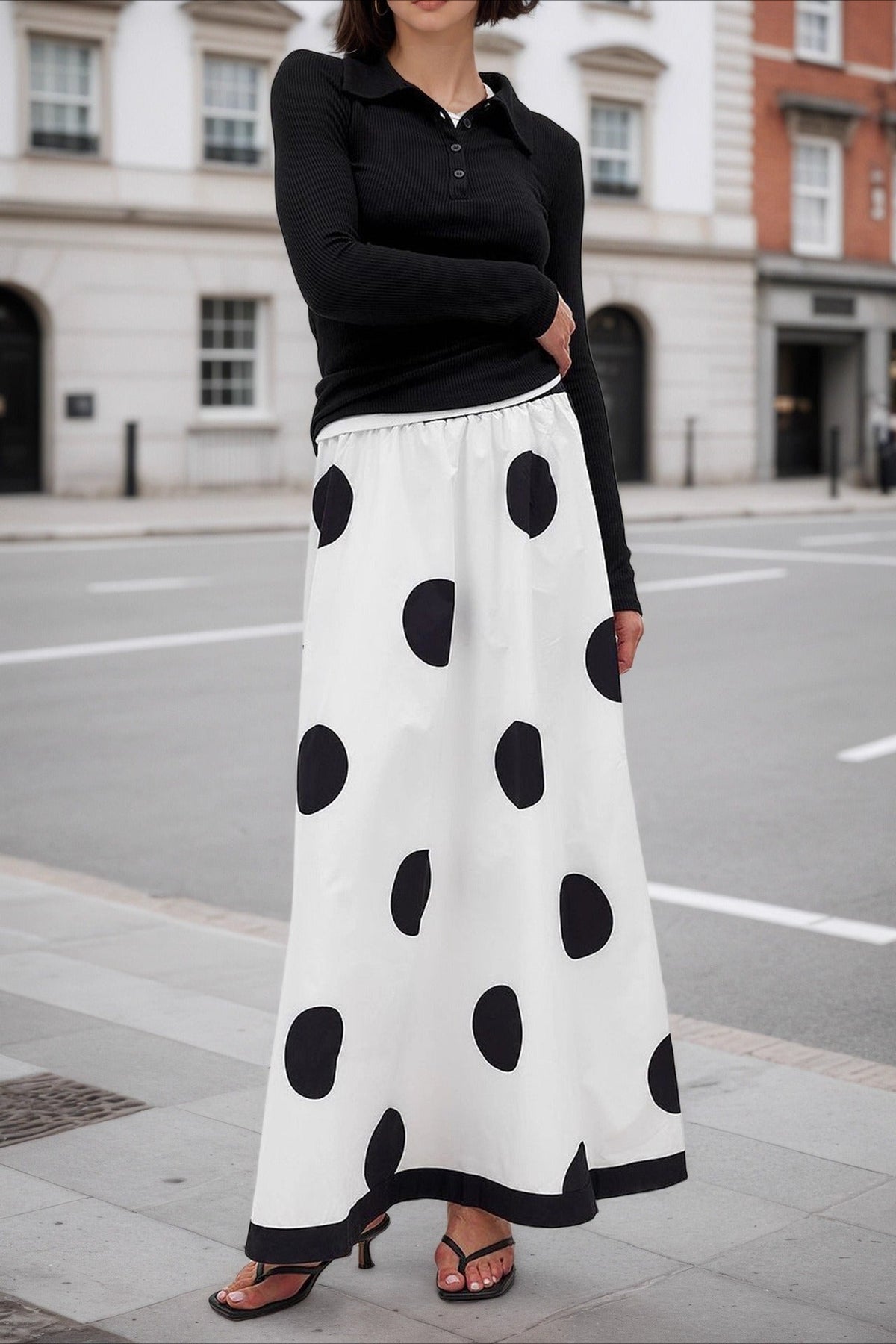 French Polka Dot Draped Midi Skirt