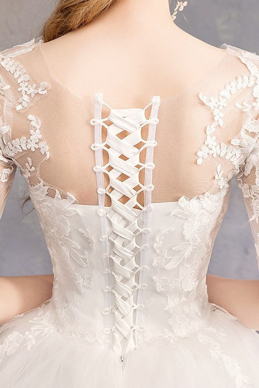 Illusion Neckline Half Sleeve Lace Bodice Tulle Ball Gown 4