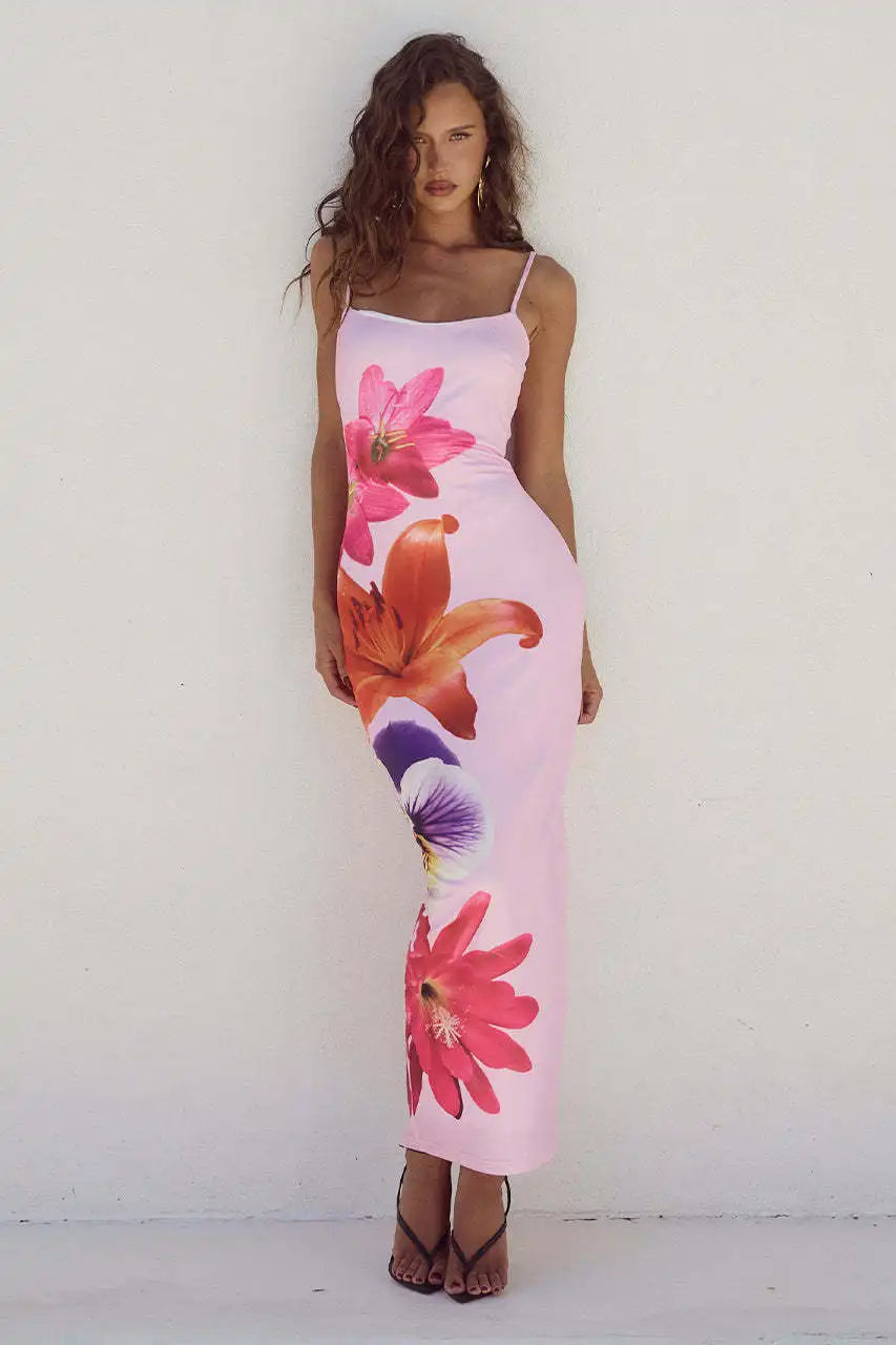 Floral Print Spaghetti Strap Square Neck Bodycon Maxi Dress - View 5