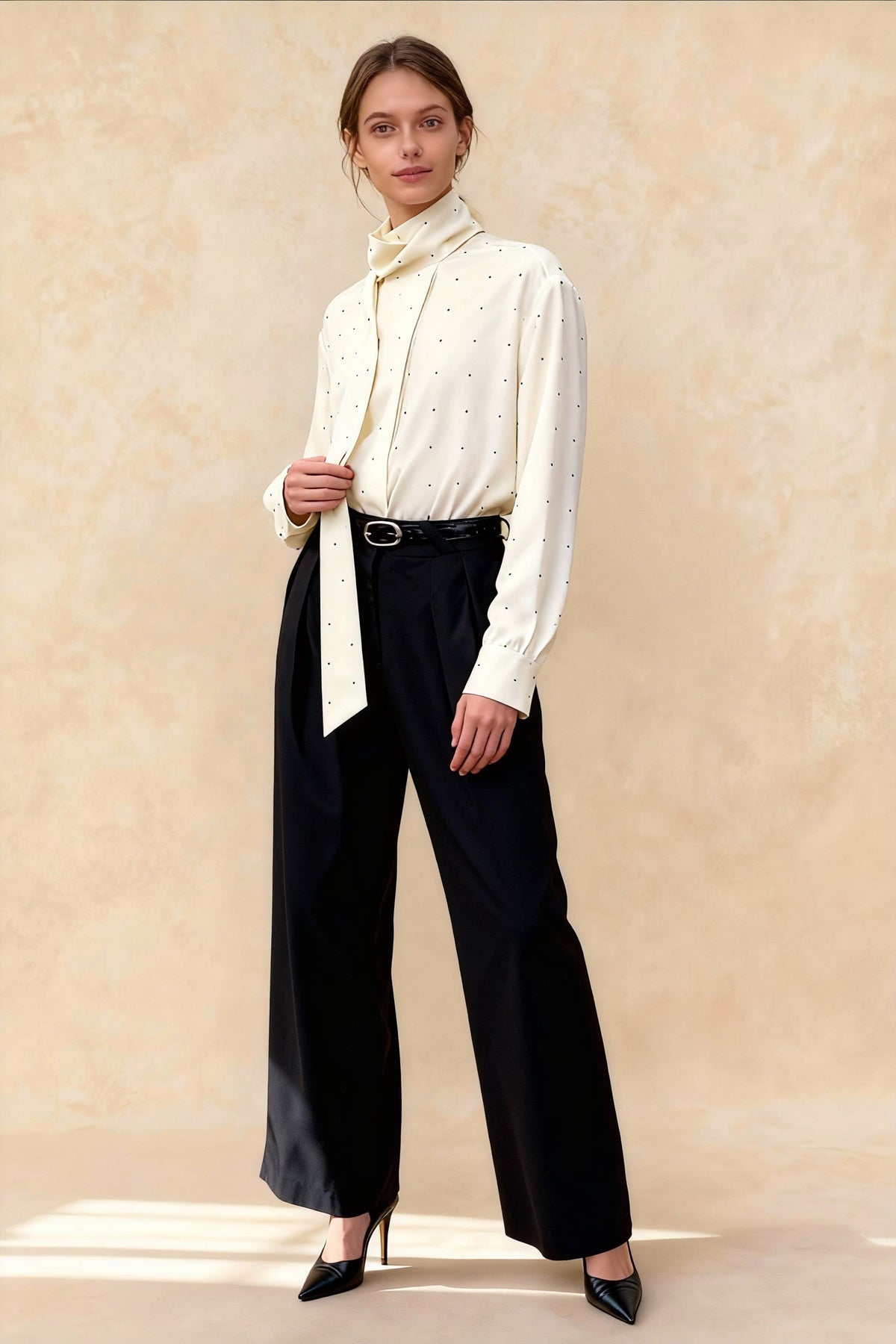Polka Dot Ribbon-Tie Loose Long-Sleeve Blouse