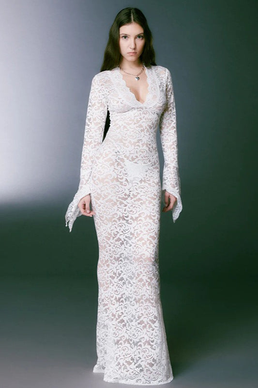 Deep V-Neck Lace Sheer Mesh Maxi Dress