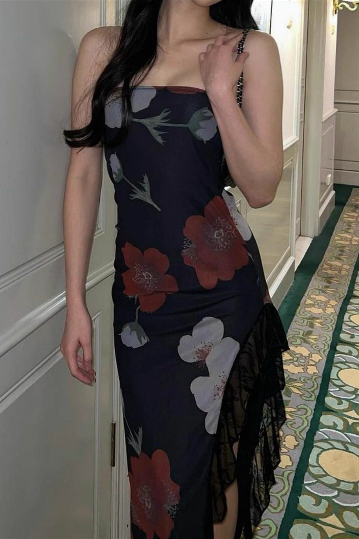 Off Shoulder Mesh Strapless Slit Slim Floral Dress - View 3