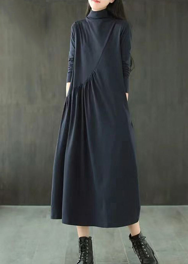 Mock Neck Long Sleeve Diagonal Seam Pleated Pocket A-Line Maxi Dress - View 2