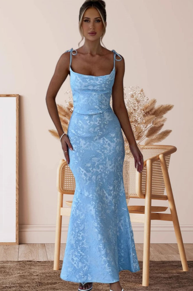 Square Neck Tie Strap Jacquard Mermaid Maxi Dress 6