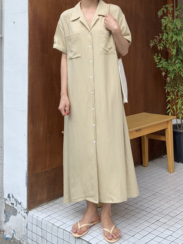 Notched Collar Button Front Patch Pocket Rolled Maxi Shirt Dress - View 3