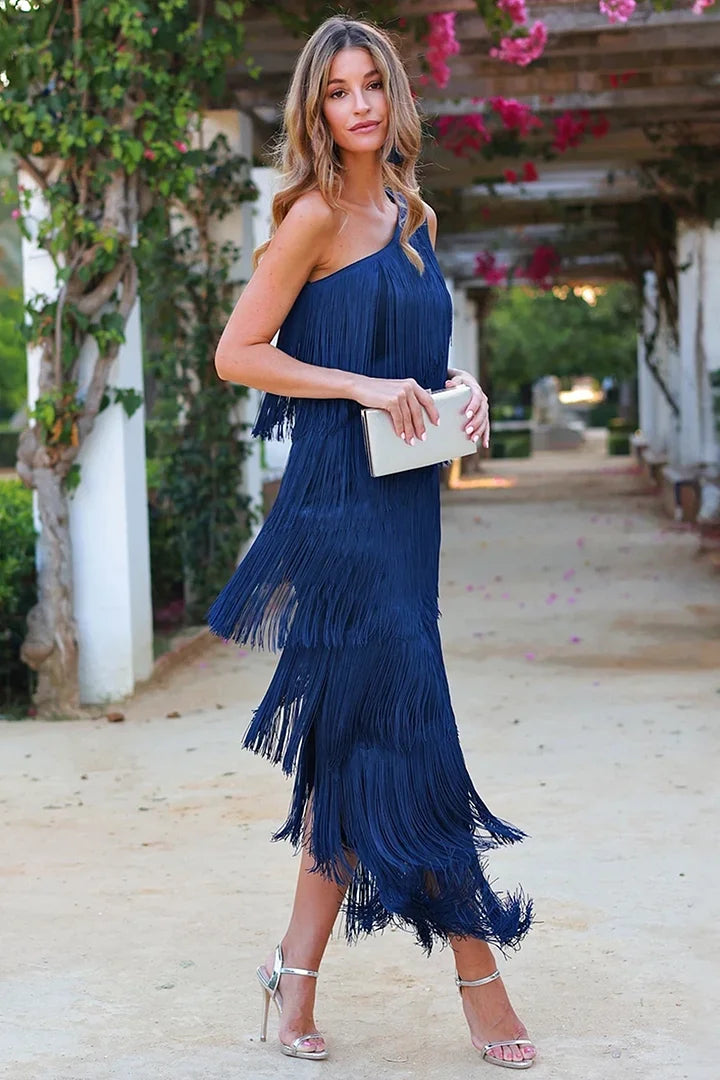 One Shoulder Tiered Fringe Midi Dress - View 5