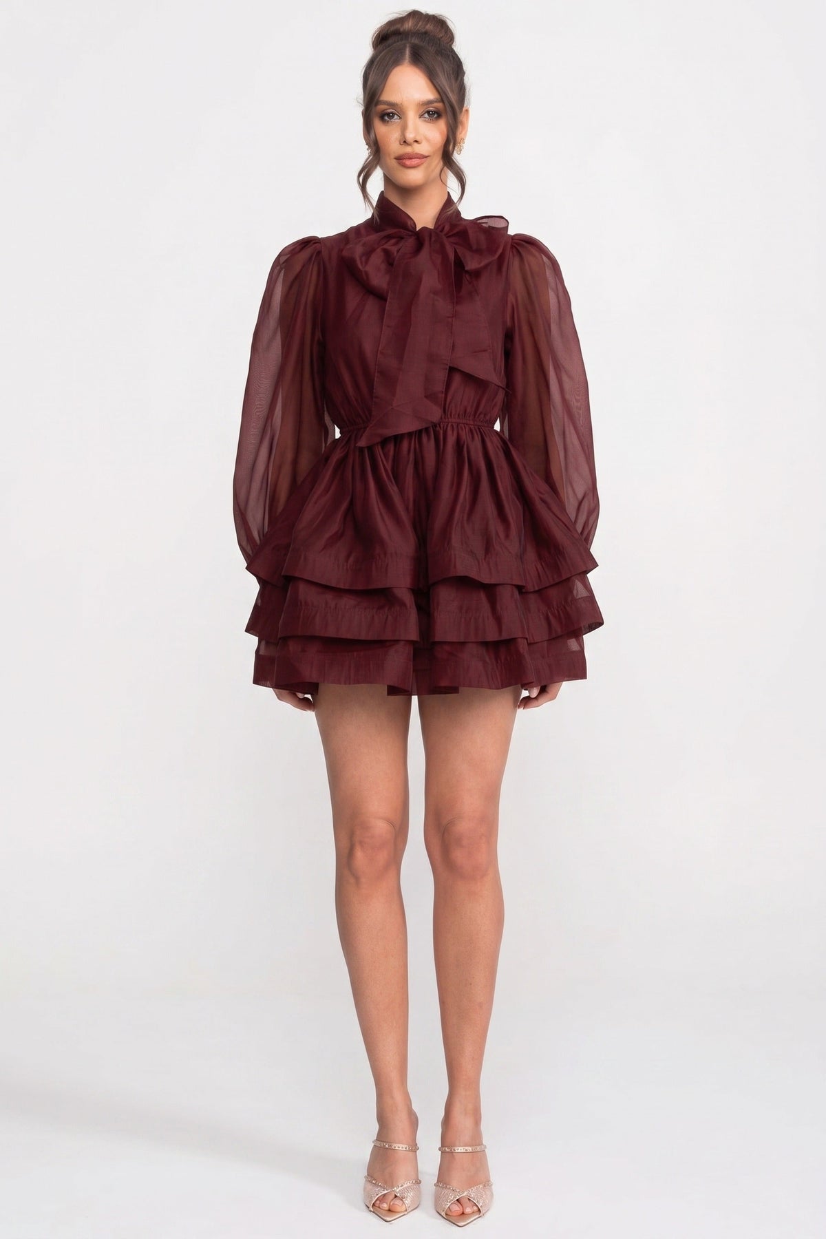 High-Neck Puff-Sleeve Mini Dress - Wine - View 4