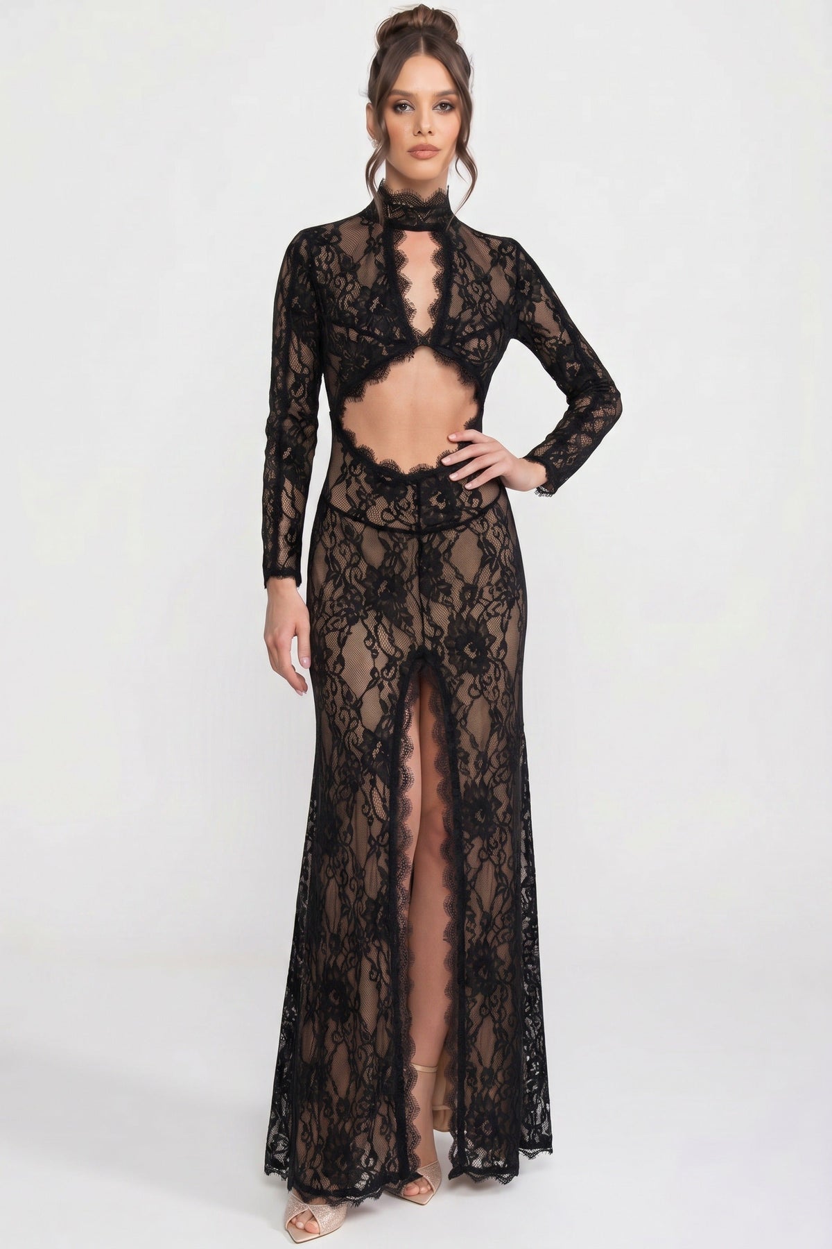 Lace High Neck Cut Out Long Sleeve High Split Maxi Gown - View 2