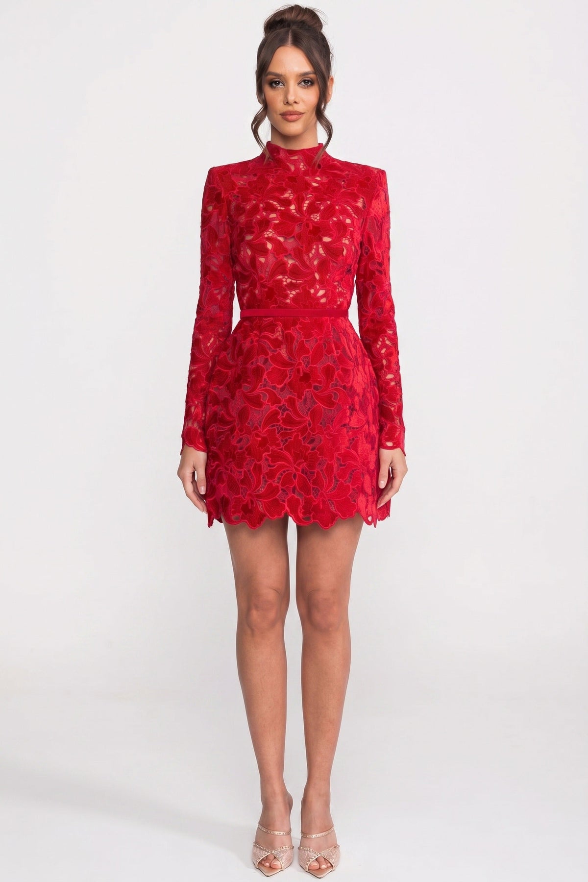 Long-Sleeve Lace Mini Dress With High Neck And Scalloped Hem - Red - View 3