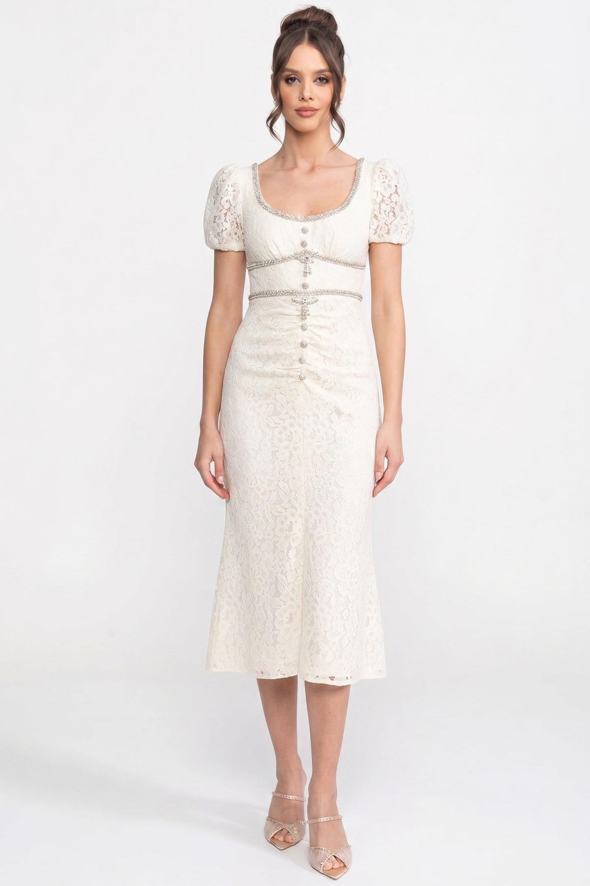Lace Scoop Neck Rhinestone Trim Puff Sleeve Ruched Bodice Midi Dress