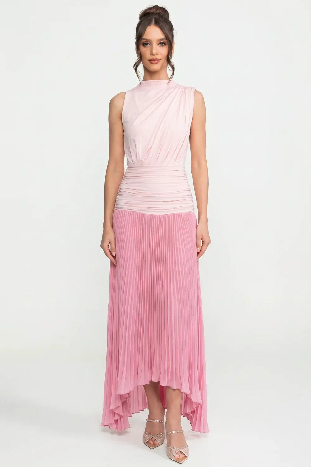 Halter Neck Pleated Maxi Dress With Gathered Waist Detail - Pink