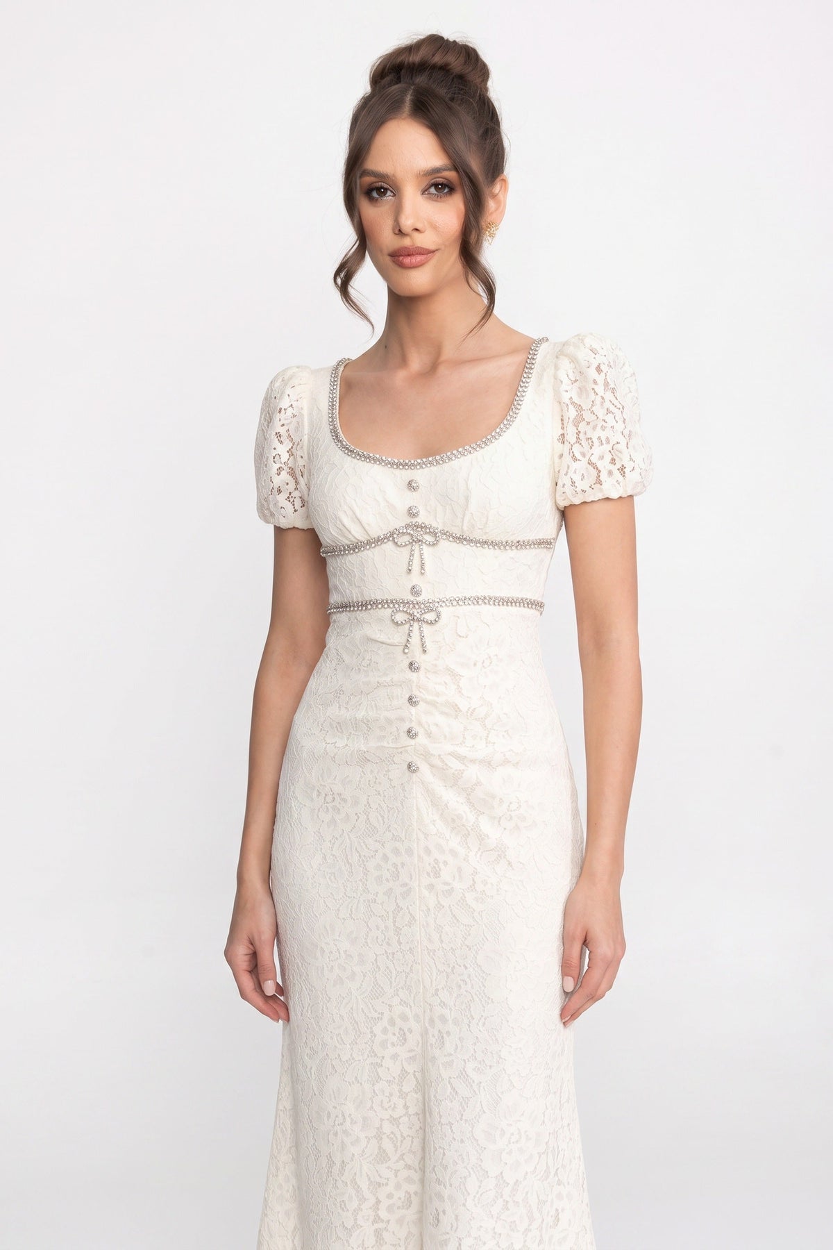 Lace Scoop Neck Rhinestone Trim Puff Sleeve Ruched Bodice Midi Dress - View 3