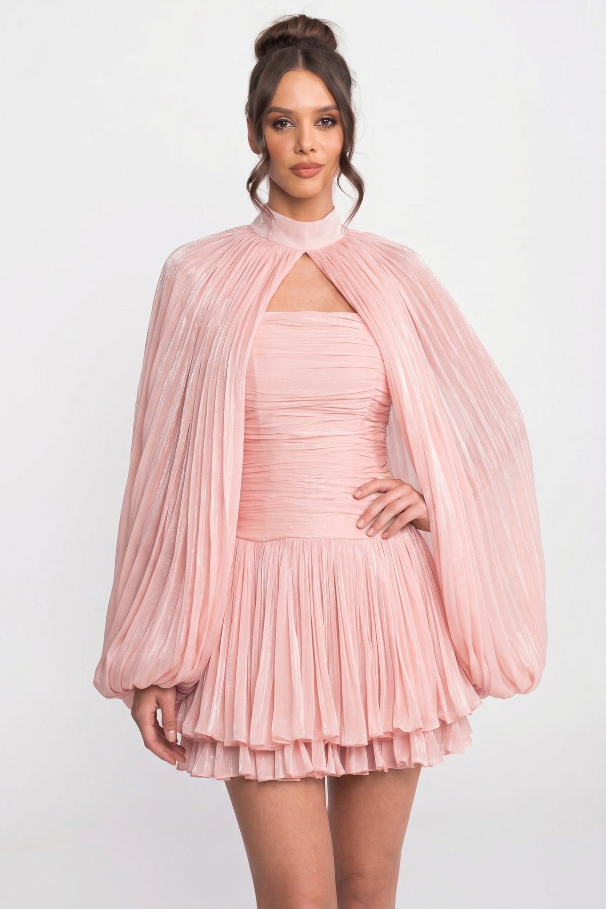 High Neck Keyhole Cut Out Pleated Cape Sleeve Ruched Mini Dress