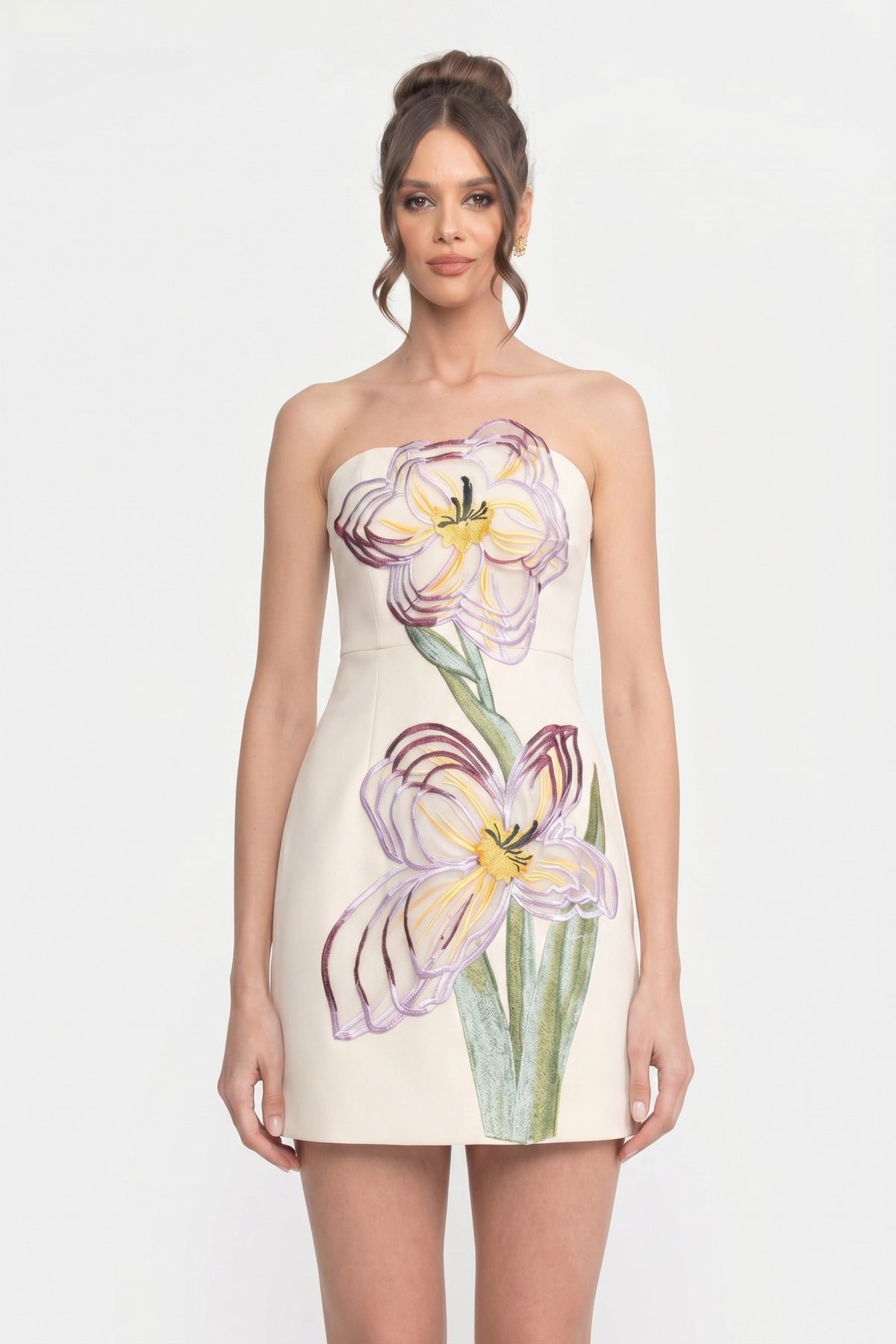Strapless Mini Dress With 3D Iris Floral Appliqué - White - View 3