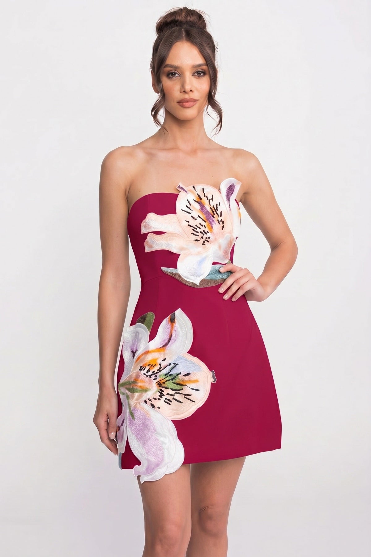 Strapless Floral-Print Mini Dress With Structured Bodice - Red - View 3