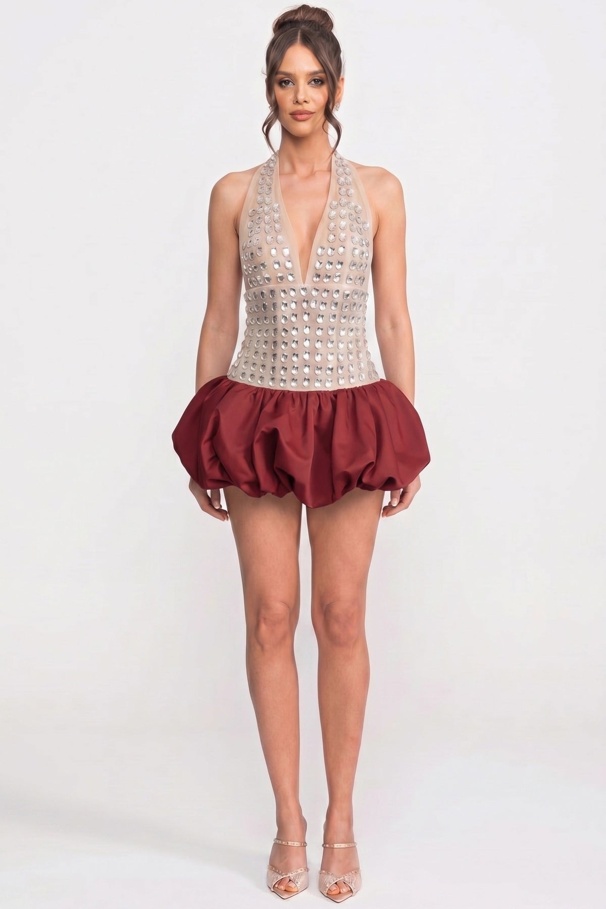 Crystal-Embellished Halter Mini Dress With Bubble Skirt - Red - View 4